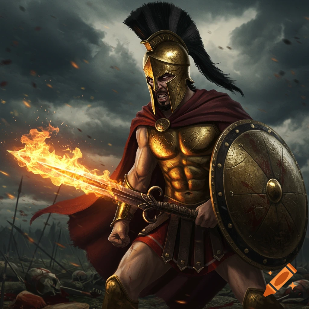 A fierce Spartan warrior in golden armor and red cape holds a flaming sword and shield on a battlefield under a stormy sky.
