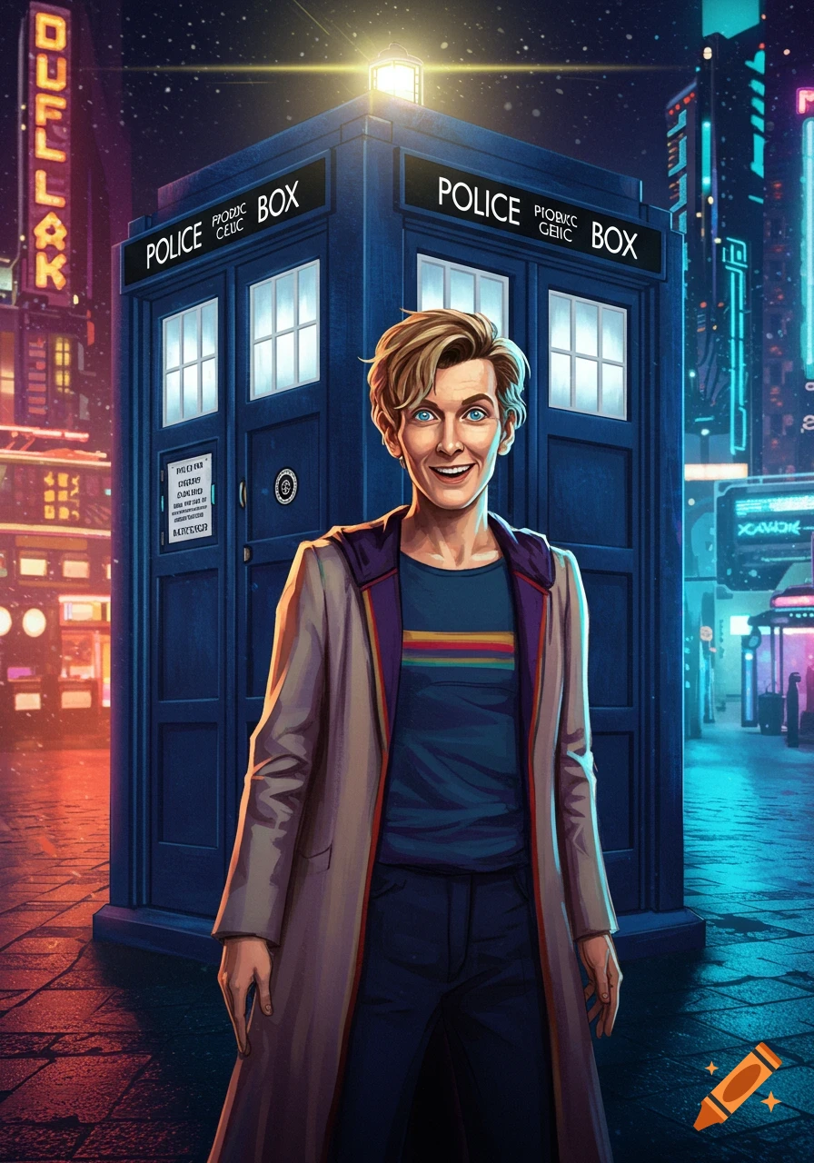 An illustration of a smiling person with short blond hair wearing a striped shirt and long coat, standing in front of a blue TARDIS in a futuristic, neon-lit city at night.