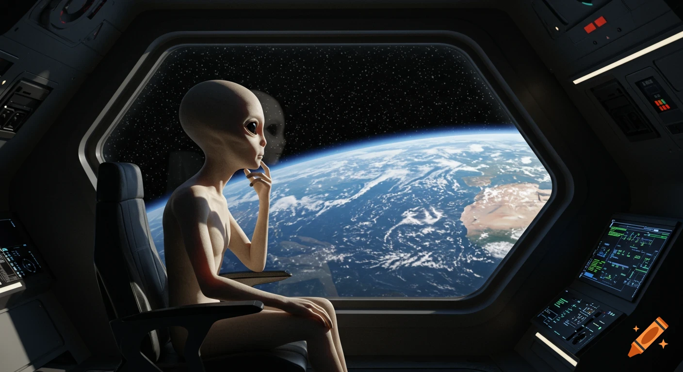 Photorealistic image of an alien in a spaceship looking out a window at planet Earth.