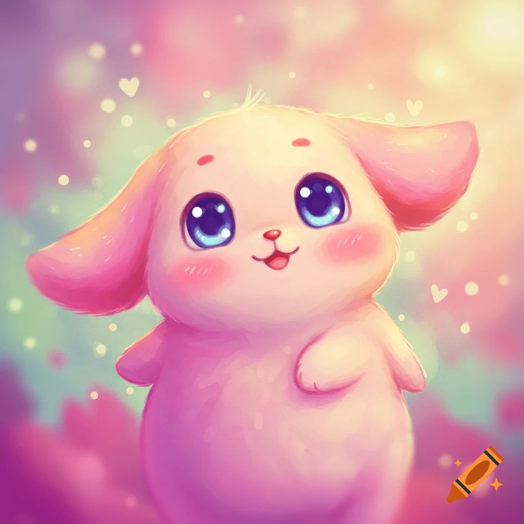 A cute, pink, fluffy cartoon creature with large blue eyes and floppy ears, smiling amidst colorful bokeh lights and hearts.