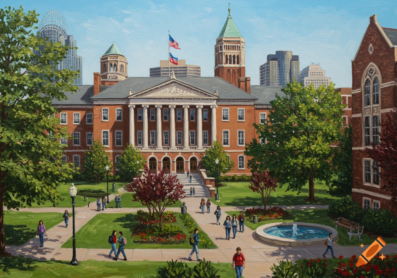 Acrylic painting of a university campus with a grand brick building, students, trees, and a fountain.