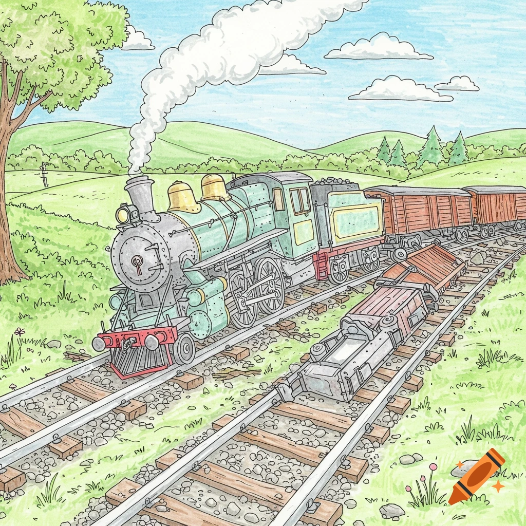 Cartoon coloring page of a green steam train derailed on tracks in a green countryside.