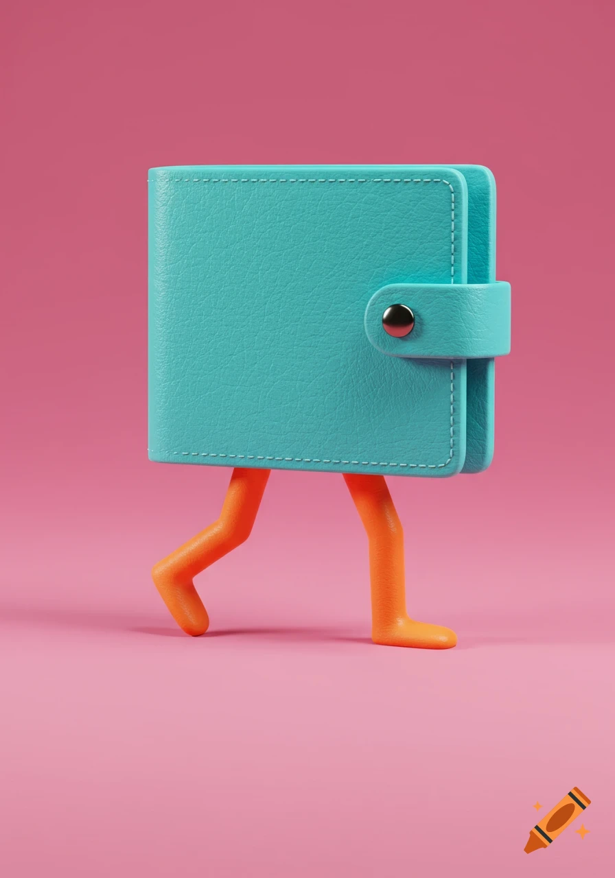 A turquoise wallet with orange legs walking on a pink background, 3D render.
