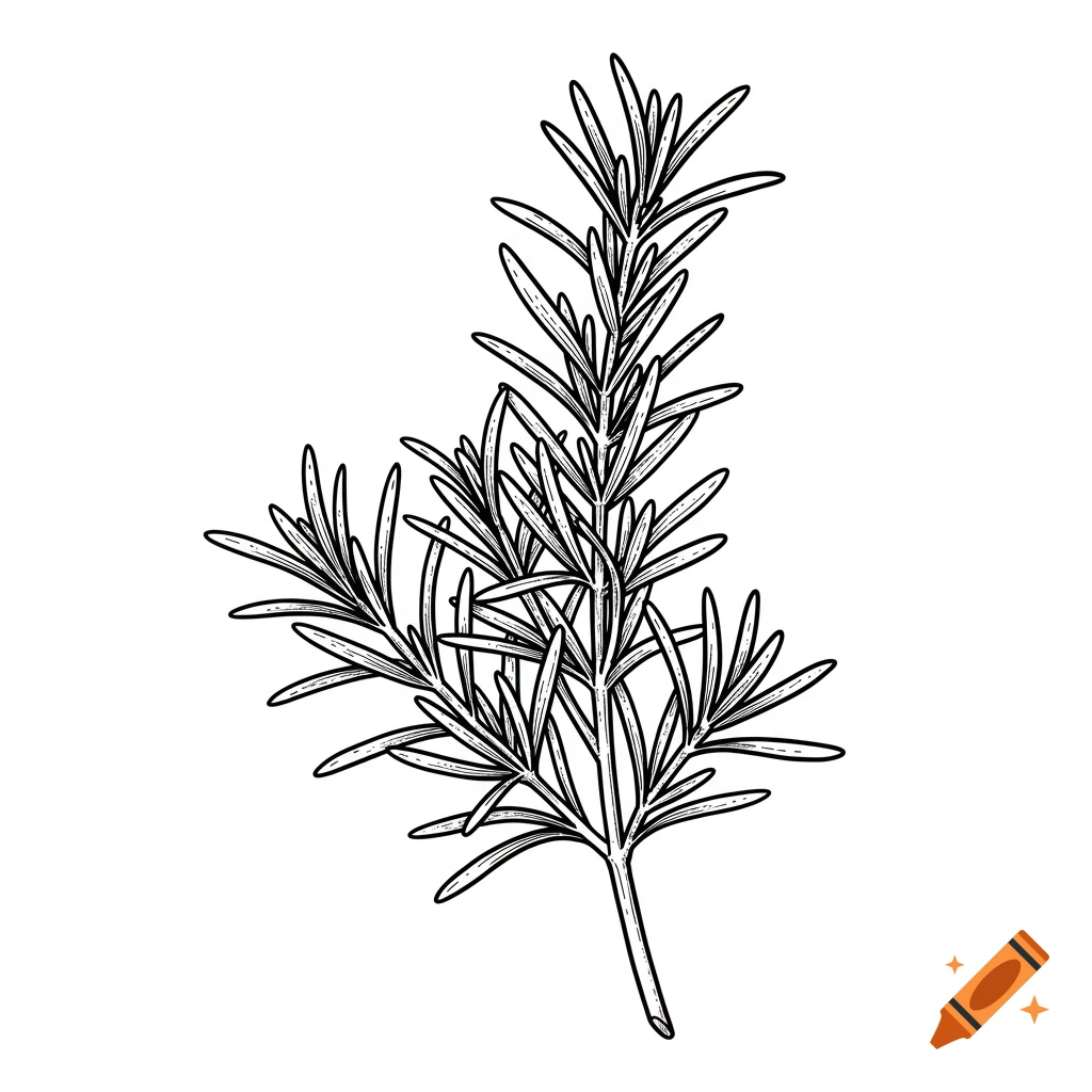 Black and white line drawing of three sprigs of rosemary bunched together.