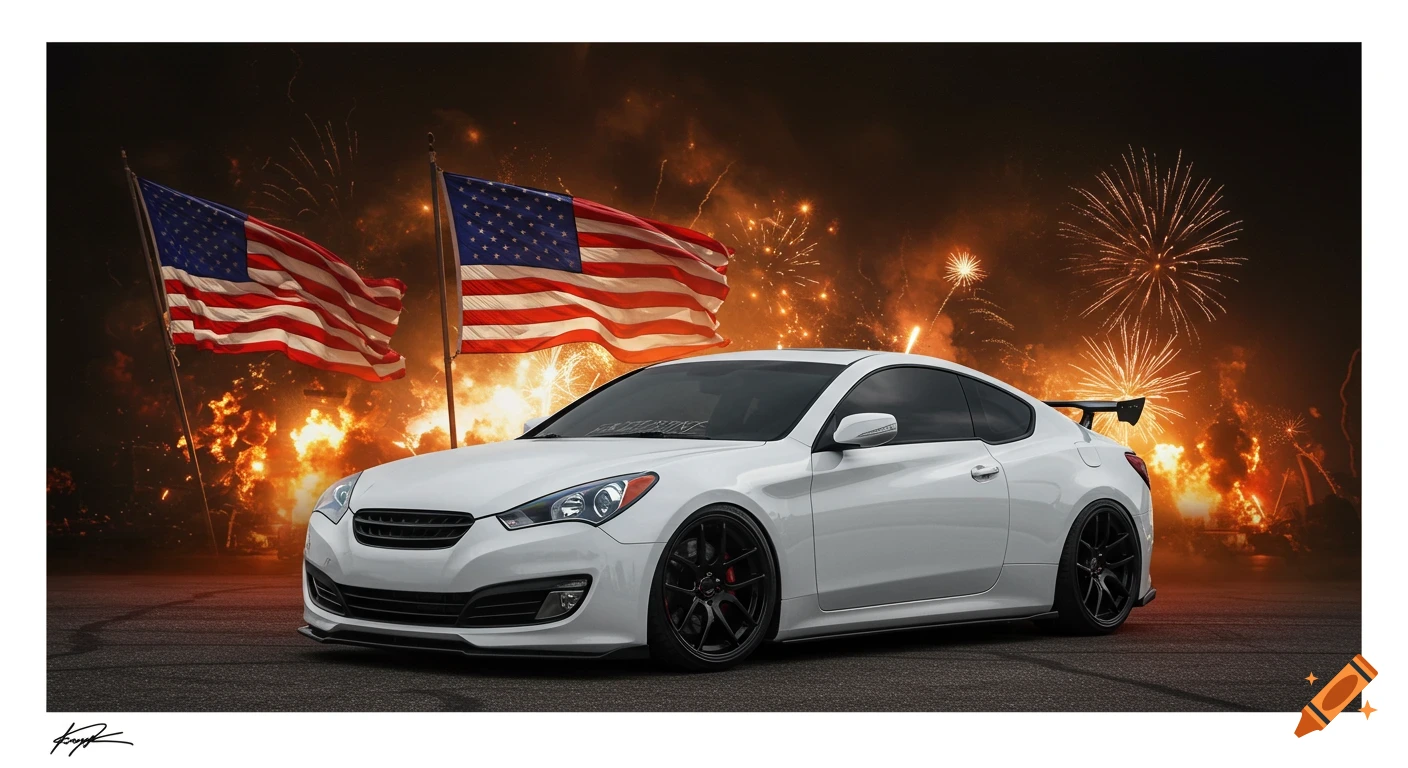 A white 2015 Genesis Coupe with dark windows and a duckbill spoiler is parked on asphalt with two American flags and fireworks exploding in the background.