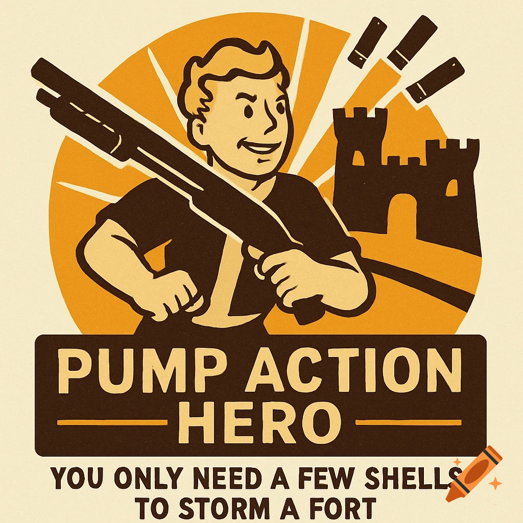 Retro cartoon poster of a character with a shotgun, castle, and text 'PUMP ACTION HERO YOU ONLY NEED A FEW SHELLS TO STORM A FORT'.