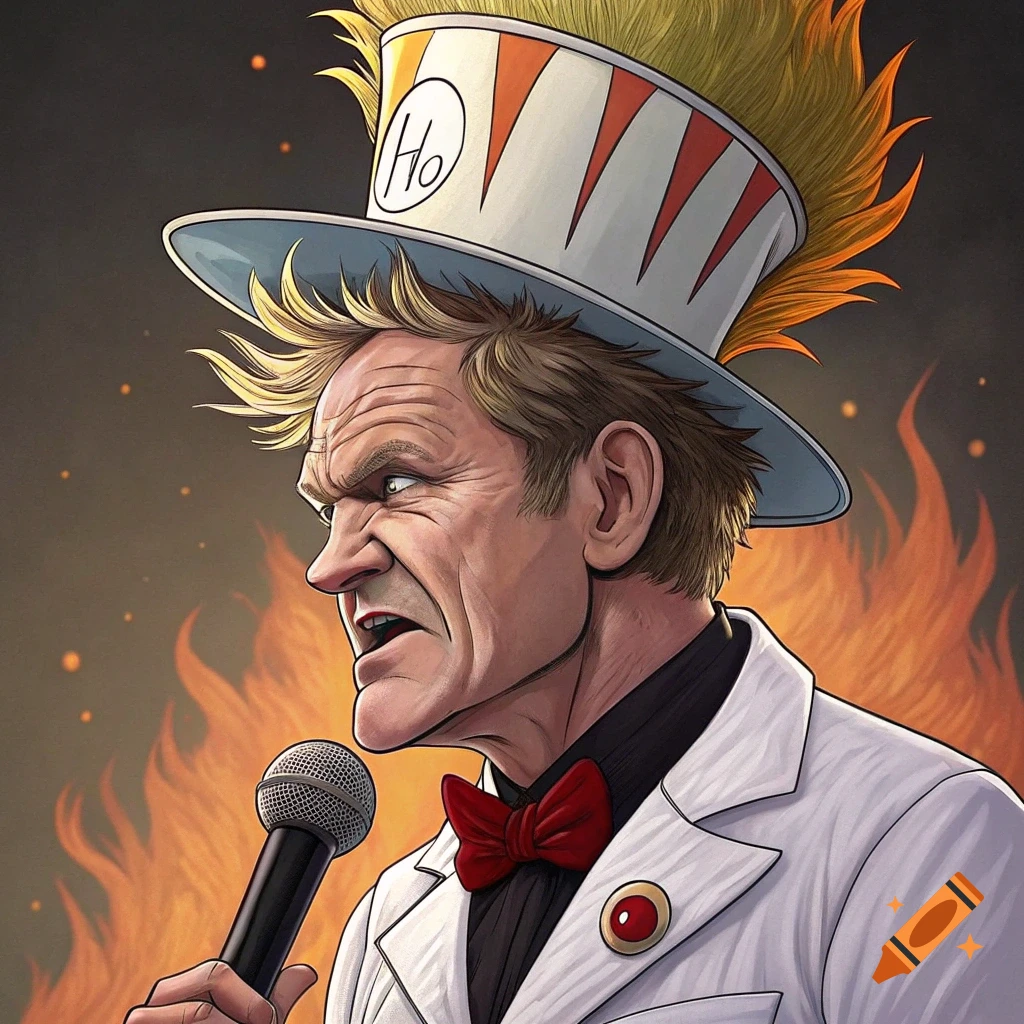 A cartoon caricature of Gordon Ramsay as Dr. Rockso, with spiky yellow hair and a tall white hat with 'Ho' on it, holding a microphone against a fiery background.