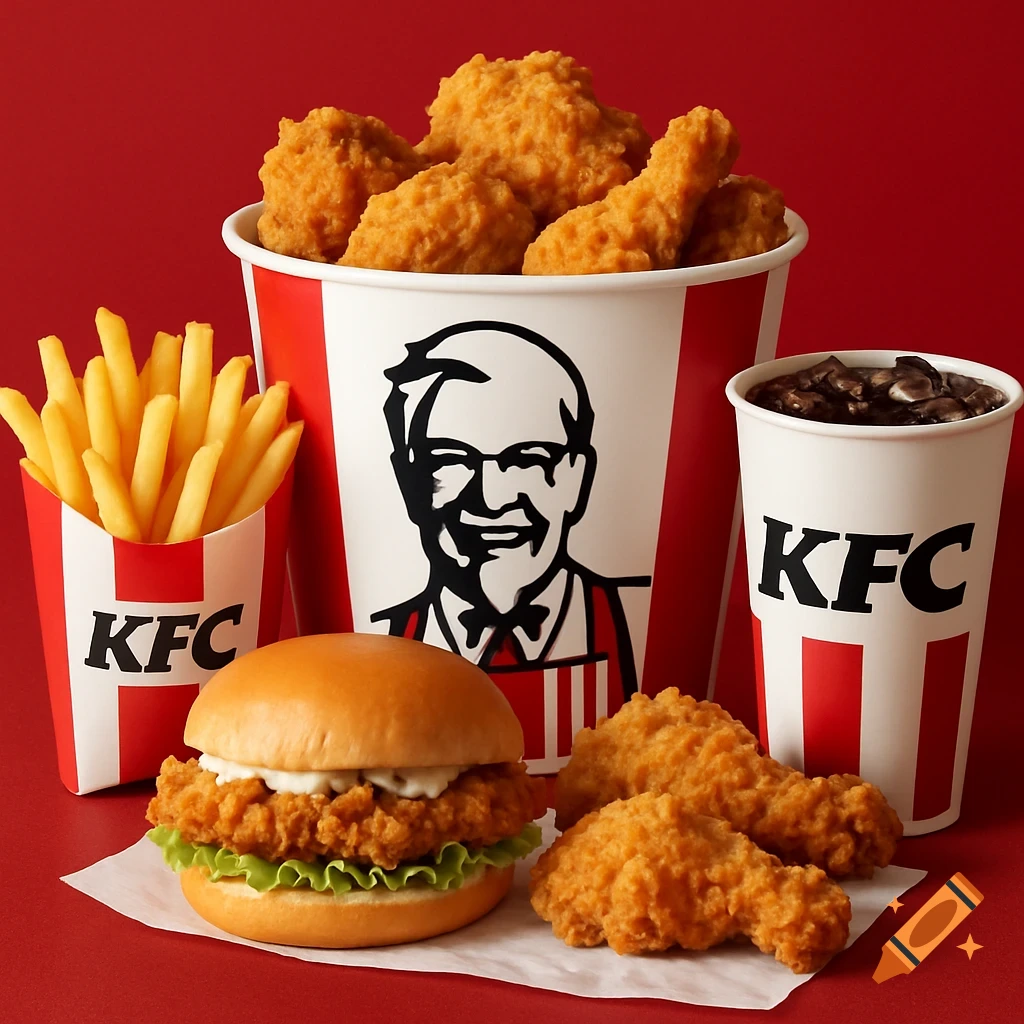 A KFC meal including a bucket of fried chicken, fries, a drink, a chicken sandwich, and extra chicken pieces, all on a red background.