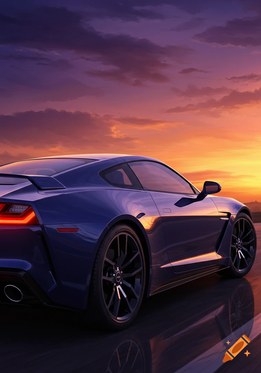 Photorealistic image of a dark blue sports car with red taillights, parked on a wet road at sunset with a vibrant sky.