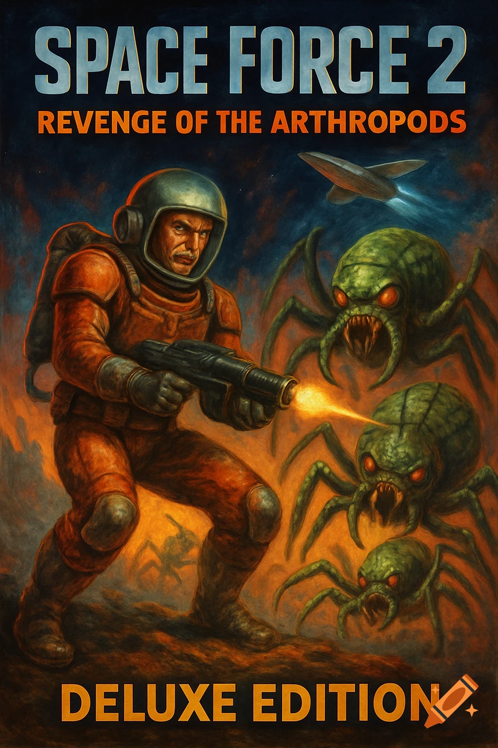 A retro sci-fi game cover showing an astronaut in orange armor shooting green spider-like aliens, with a spaceship above.