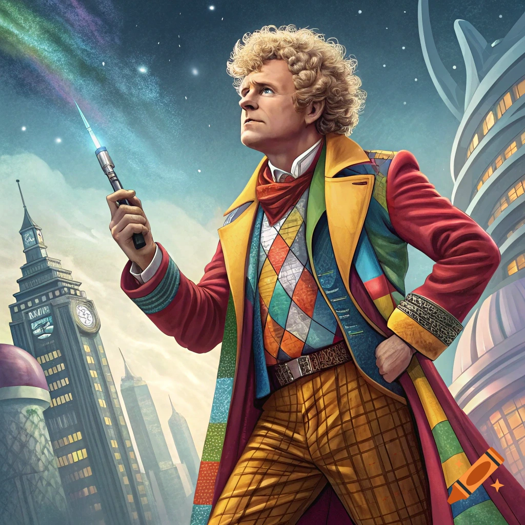 The Sixth Doctor, Colin Baker, in his colorful coat, holds a glowing sonic screwdriver in a futuristic city under a starry sky.