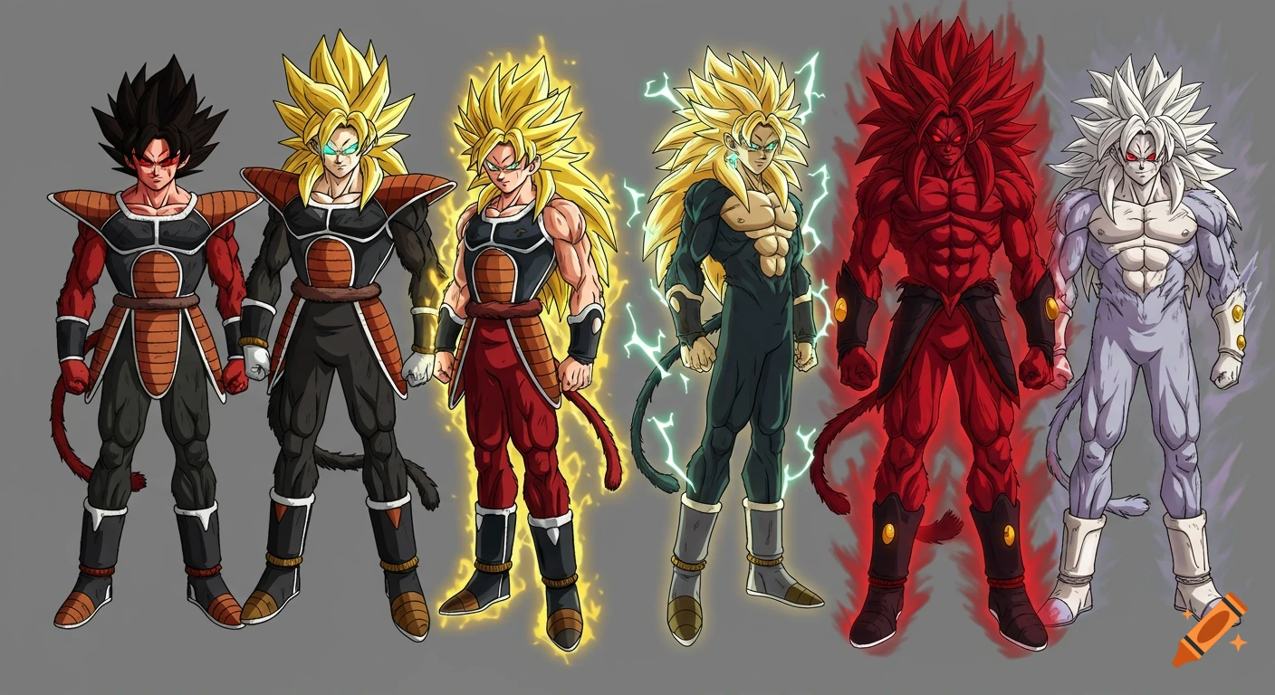 Anime character lineup showing six transformations of a muscular Saiyan warrior, evolving from dark-haired to golden and red, then silver.