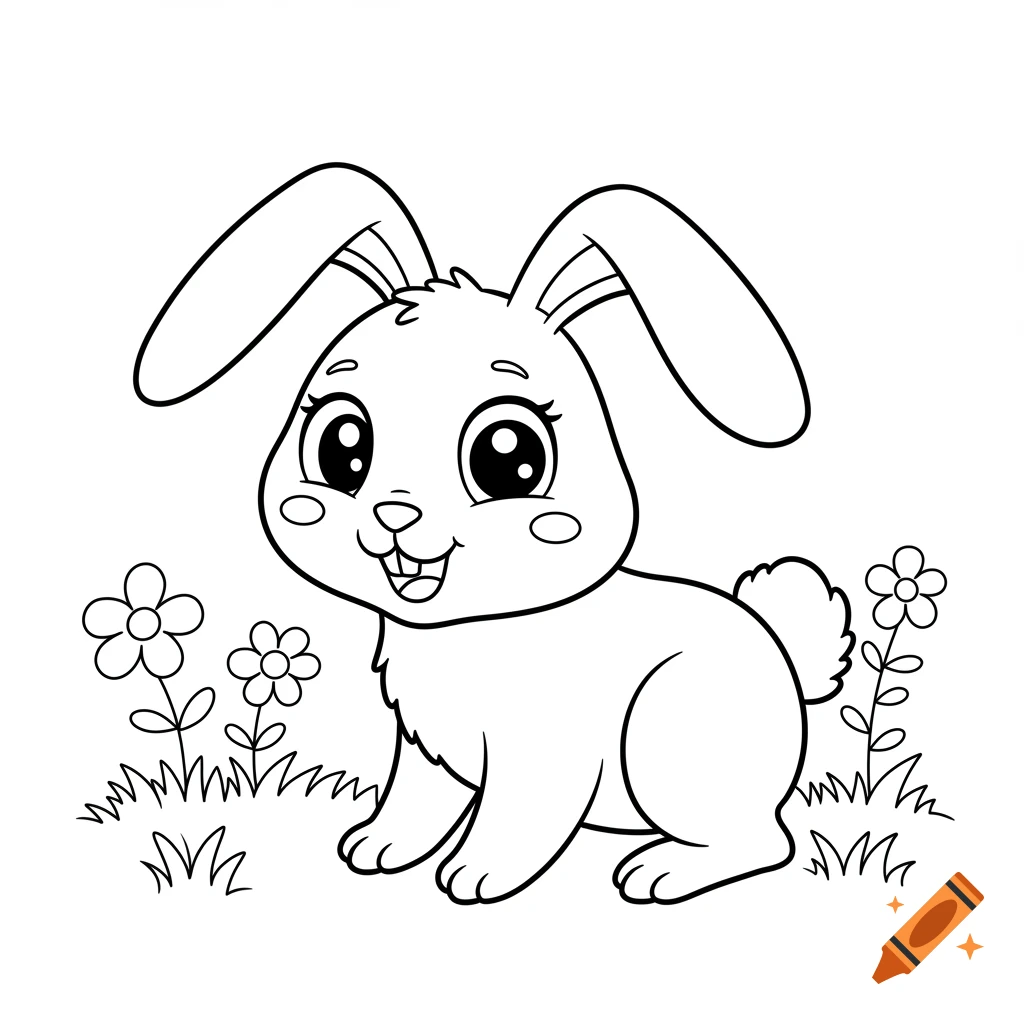 A cute cartoon rabbit sitting in a field of flowers, in black and white line art style for coloring.