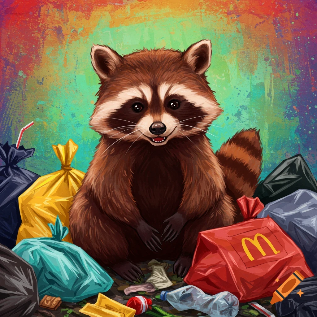 A cute, fluffy raccoon sits smiling amidst a pile of colorful trash and discarded items in a vibrant digital illustration.