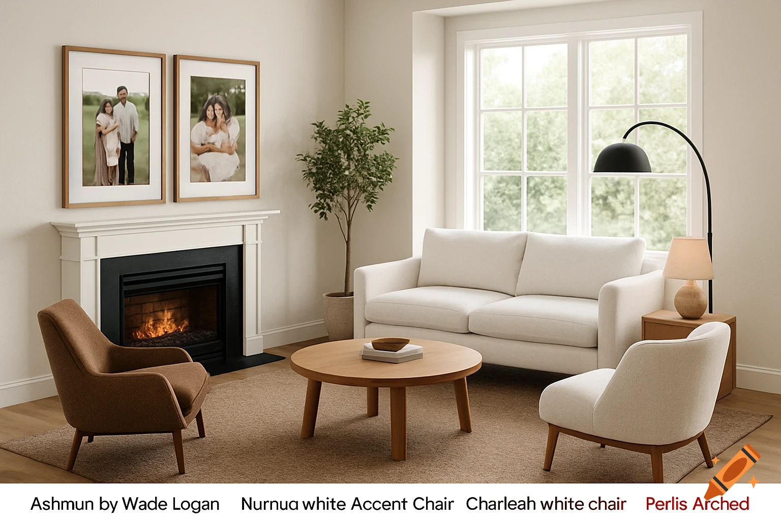 A cozy photorealistic living room with a white sofa, brown accent chairs, a wooden coffee table, a fireplace, and large windows.