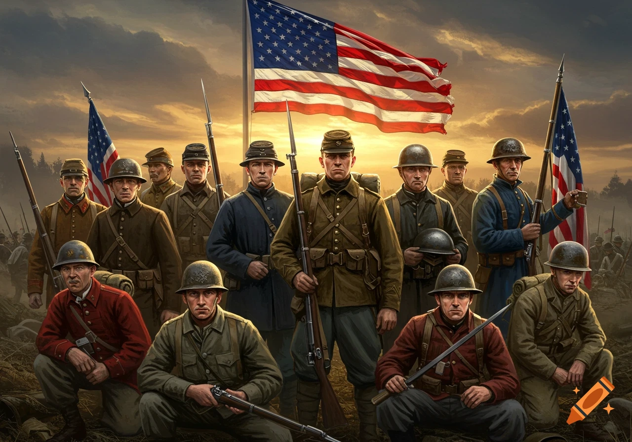 Group of American soldiers from different eras, standing and kneeling with rifles and a large US flag under a dramatic sky.