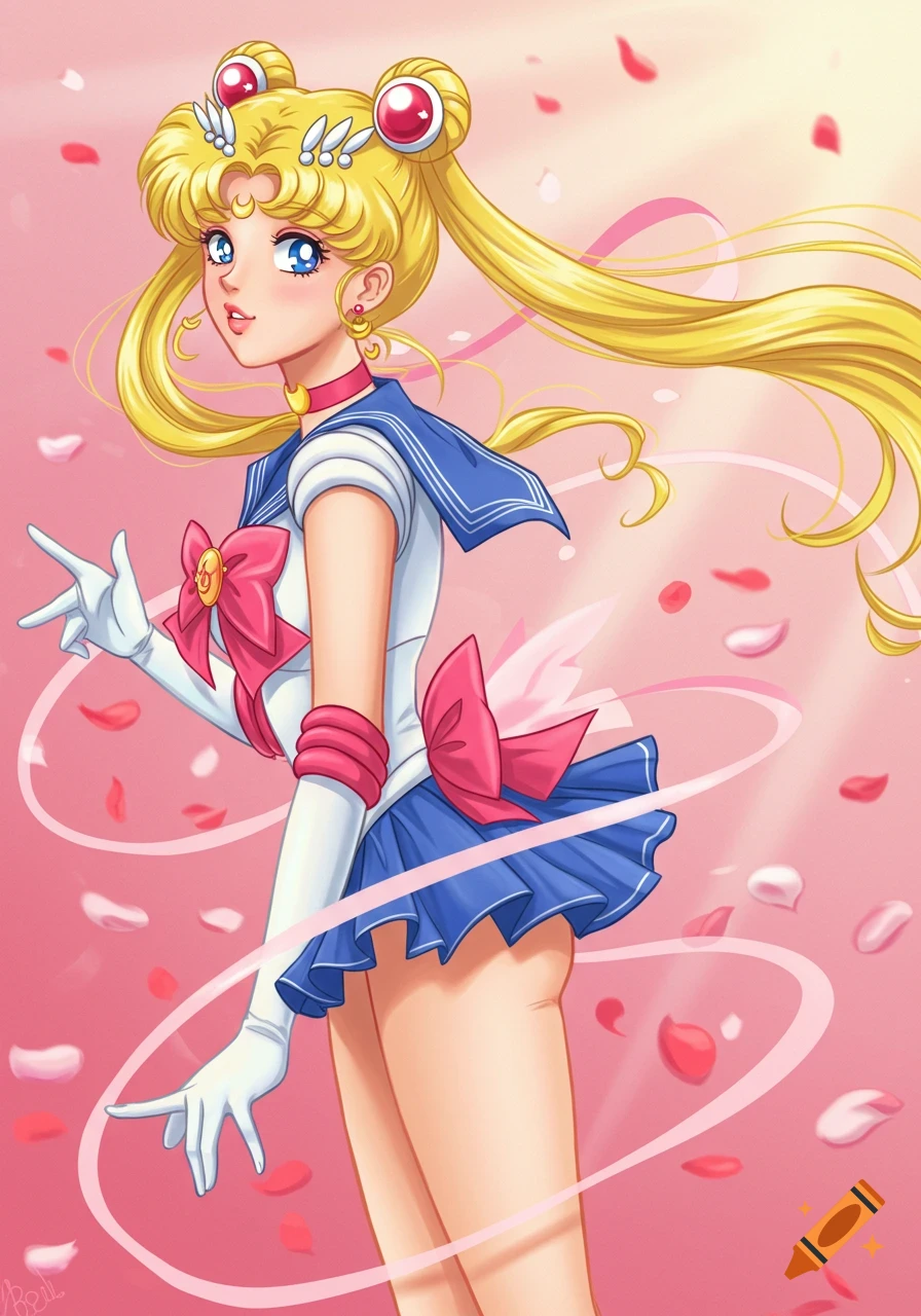 Sailor Moon in mid-transformation, with yellow hair and blue eyes, surrounded by pink rose petals on a pink background.