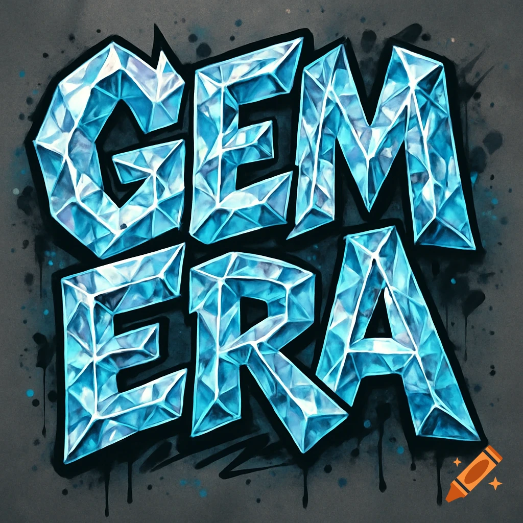 Stylized graffiti text 'GEM ERA' made of sparkling blue crystal gems on a dark background with paint drips.