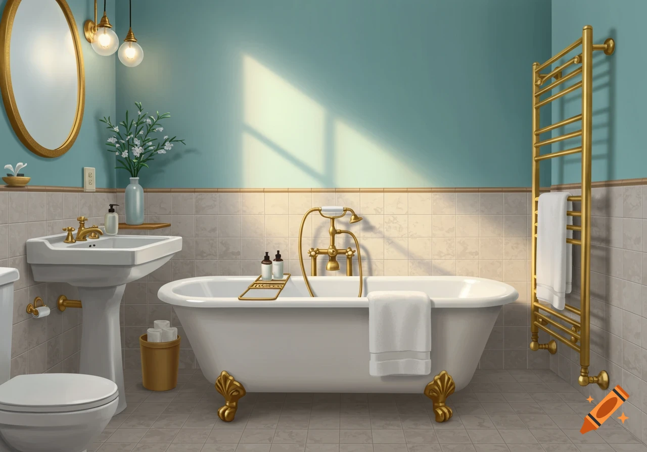 A luxurious bathroom with a white clawfoot tub, gold fixtures, a pedestal sink, and blue and beige tiled walls.