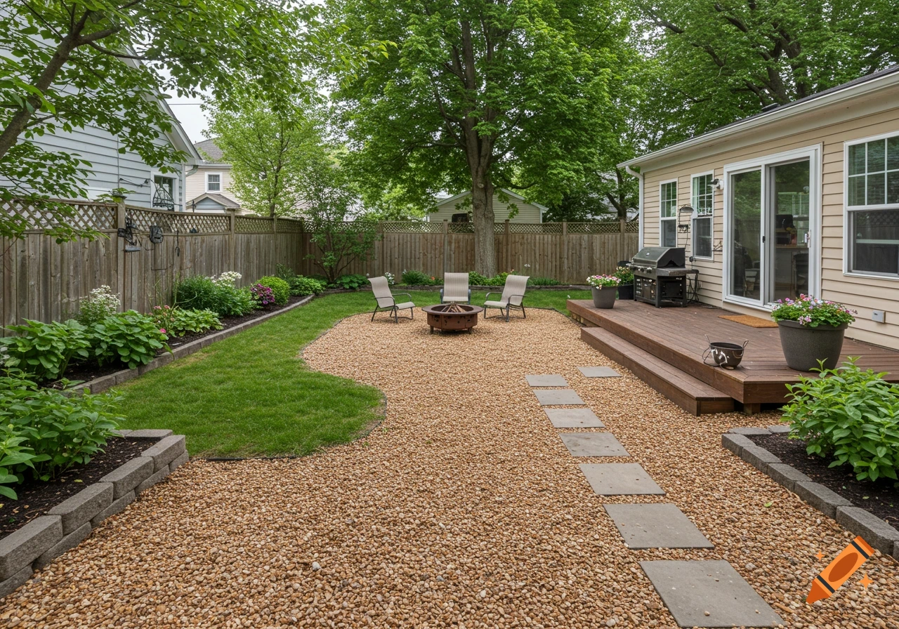 A residential backyard featuring a gravel patio with a fire pit and chairs, surrounded by lush green grass and garden beds, adjacent to a wooden deck.