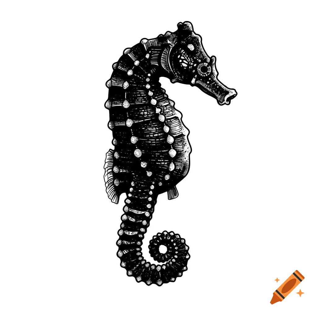 A detailed monochromatic illustration of a seahorse in side profile against a white background.