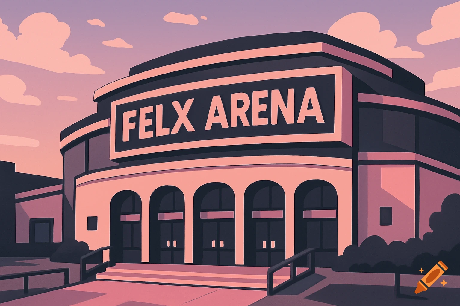 A cartoon-style concert arena building in black and pink with 'FELX ARENA' on a large sign, under a cloudy sky.