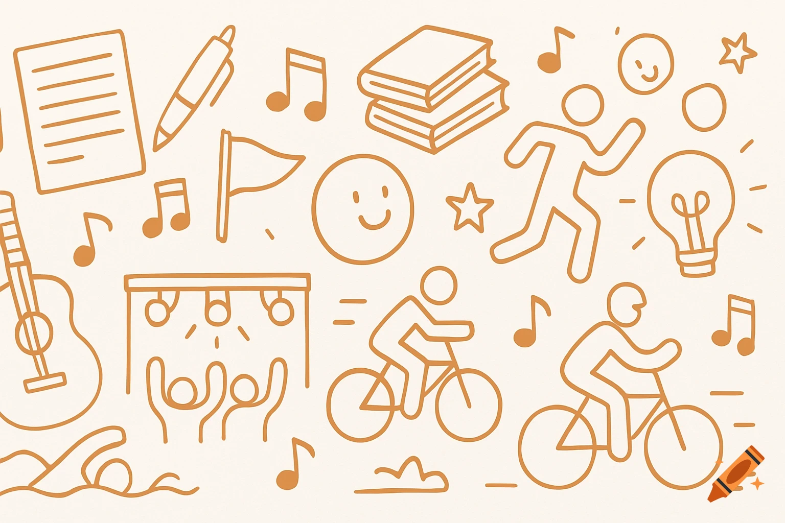 A beige background with numerous orange line art doodles including a pen, paper, books, musical notes, a guitar, a concert, people running, cycling, and swimming.
