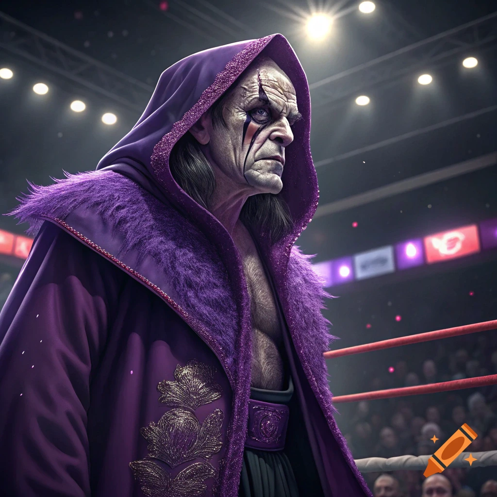 An aged male wrestler in a purple, fur-trimmed robe with face paint ...