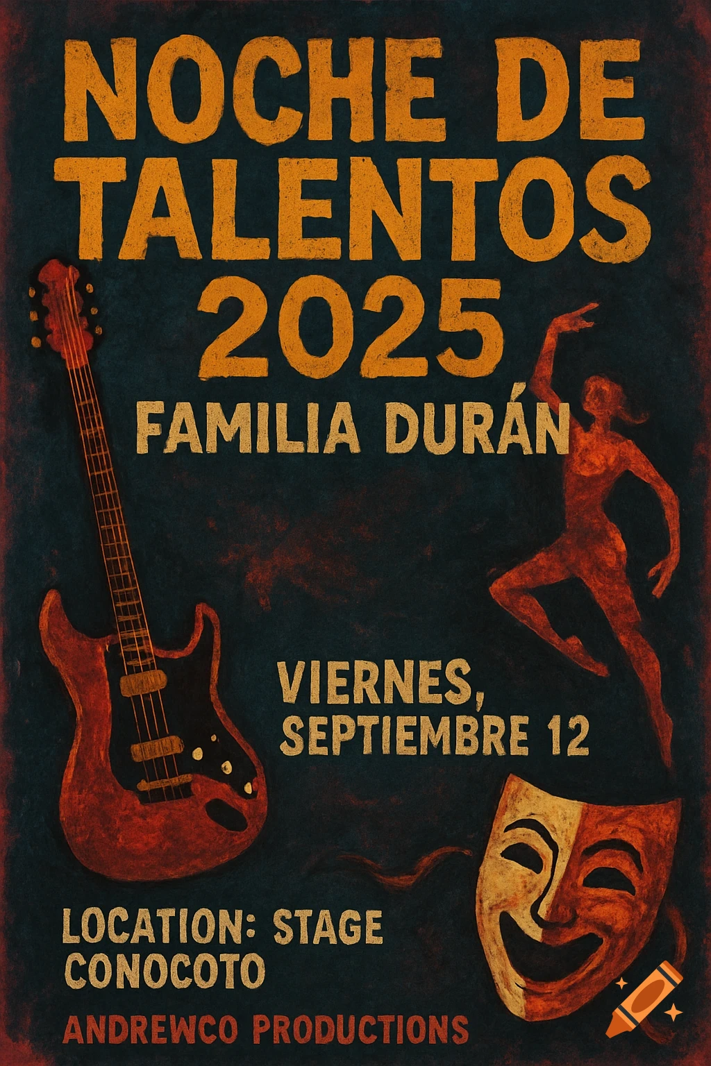 An underground style poster for Noche de Talentos 2025 featuring a red electric guitar, stylized dancer, and a theatre mask.