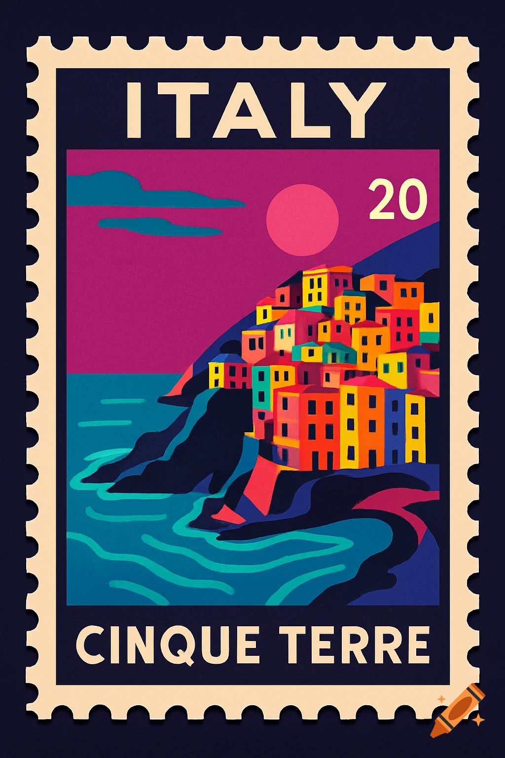 A pop art travel stamp depicting the colorful cliffside houses of Cinque Terre, Italy, with text 'ITALY 20 CINQUE TERRE'.
