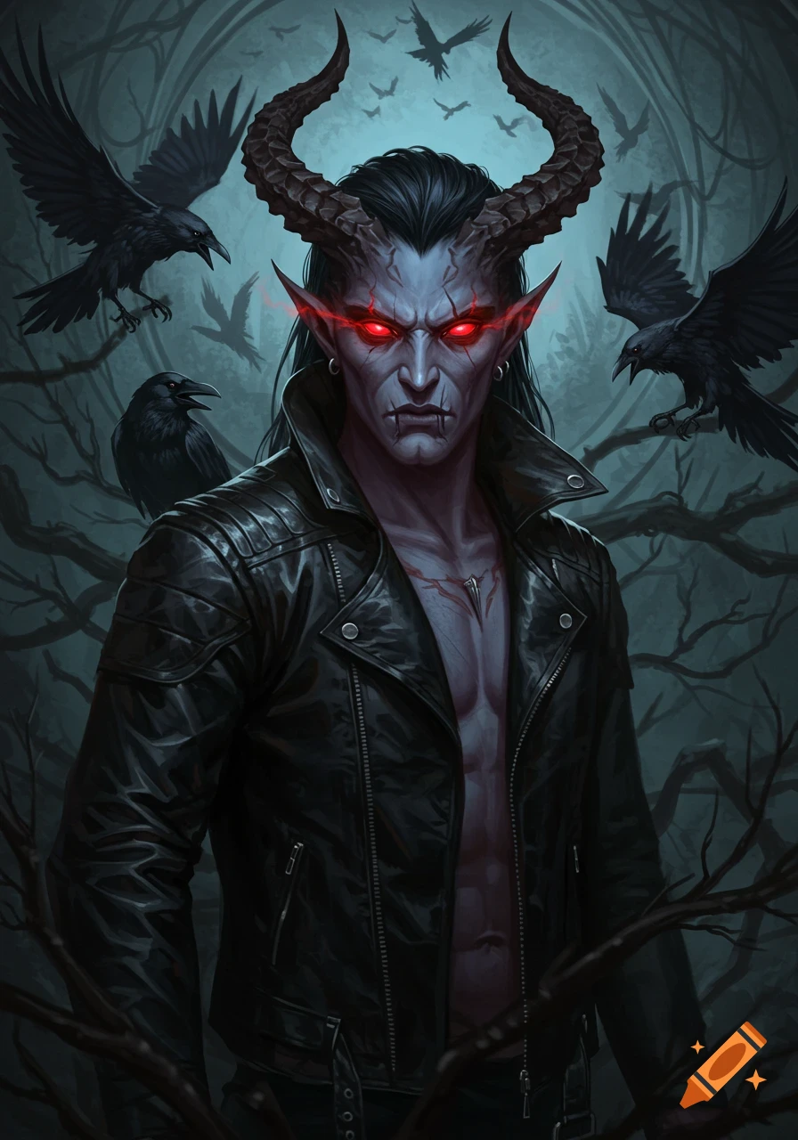 A gothic fantasy painting of a horned demon with glowing red eyes and a leather jacket, surrounded by crows.