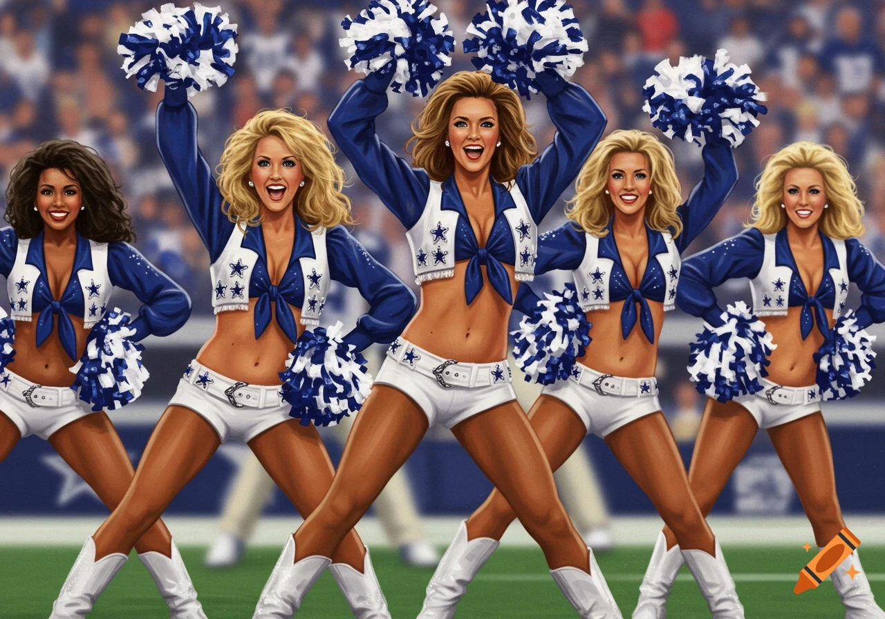 Illustration of five Dallas Cowboys cheerleaders in blue and white uniforms holding pom-poms on a green field.