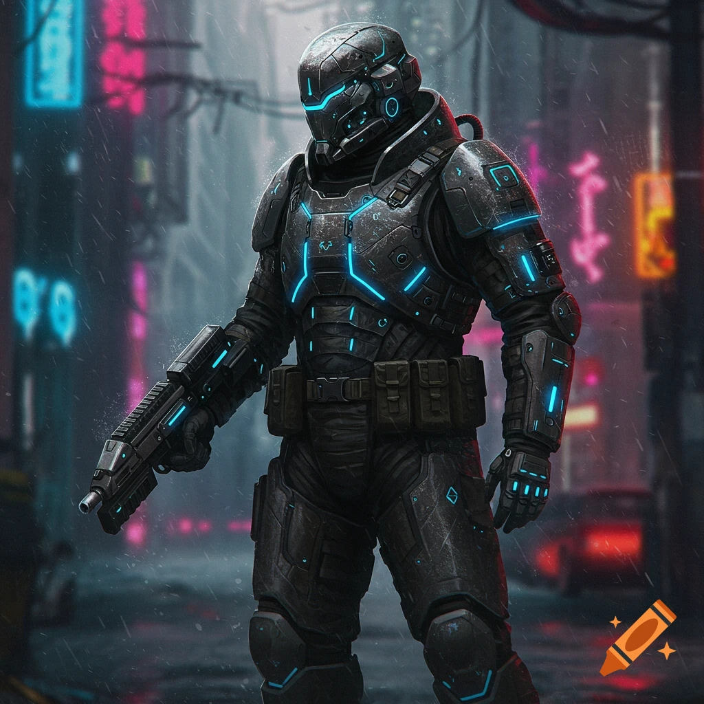 A power-armored soldier stands on a rainy, neon-lit dystopian city street.
