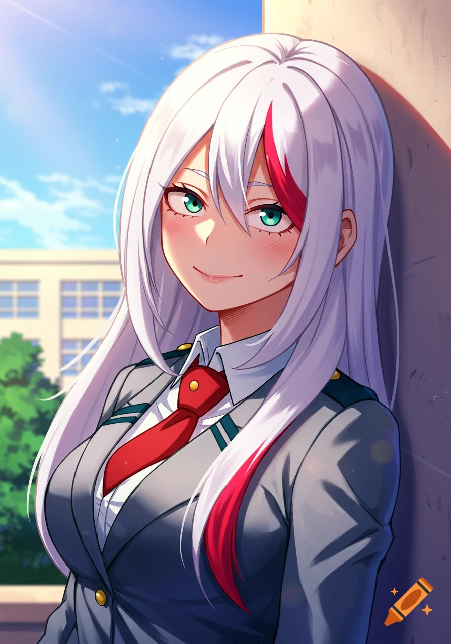 An anime girl with white and red hair and turquoise eyes smiles, wearing a grey UA high school uniform outdoors.