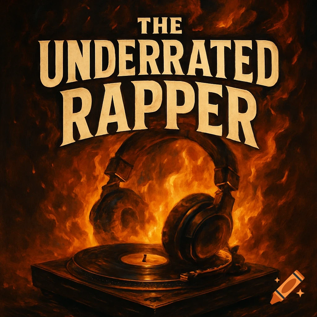 A dark, illustrative image featuring a turntable and headphones against a fiery background, with the text 'THE UNDERRATED RAPPER'.