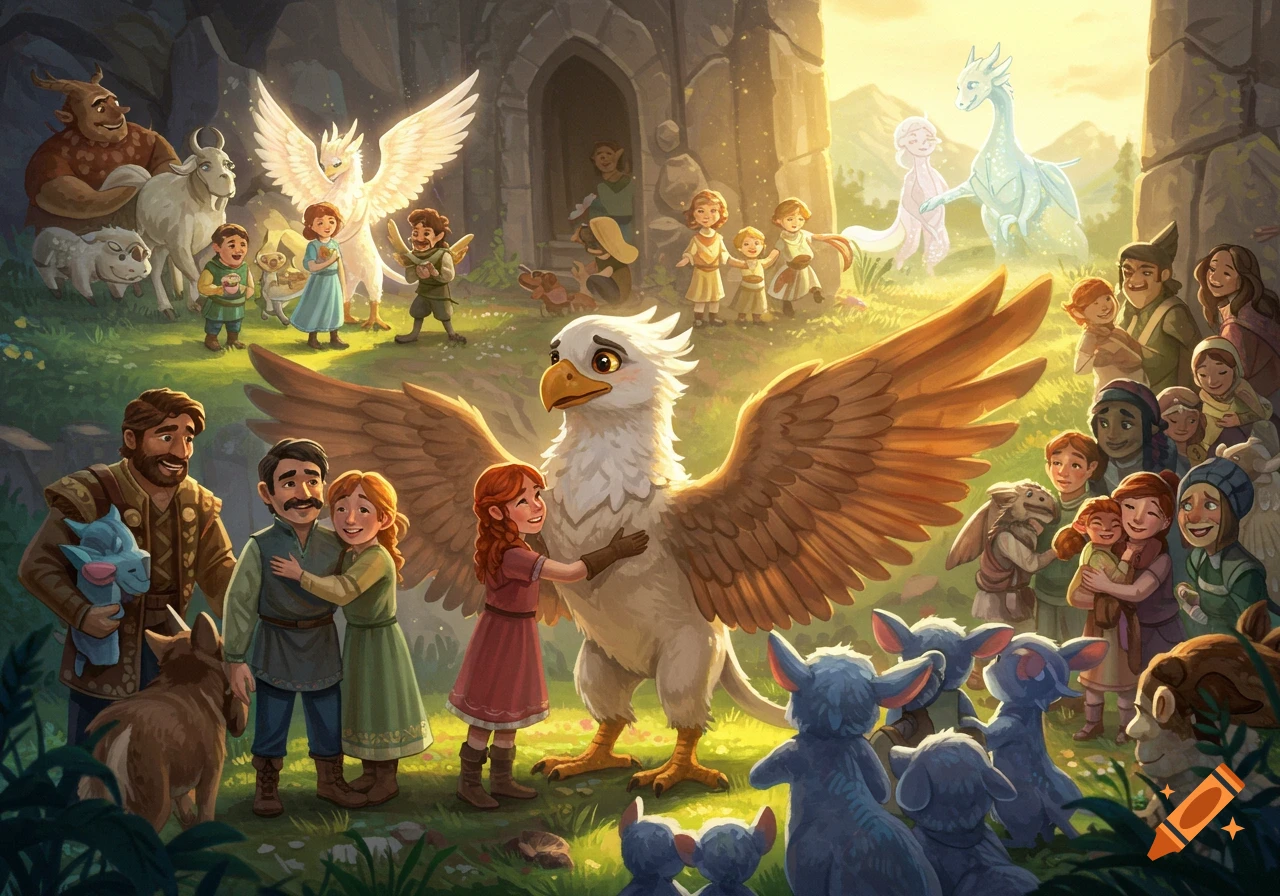 A colorful fantasy illustration of a child hugging a griffin, surrounded by joyful people and mythical creatures in a sunlit, green valley.