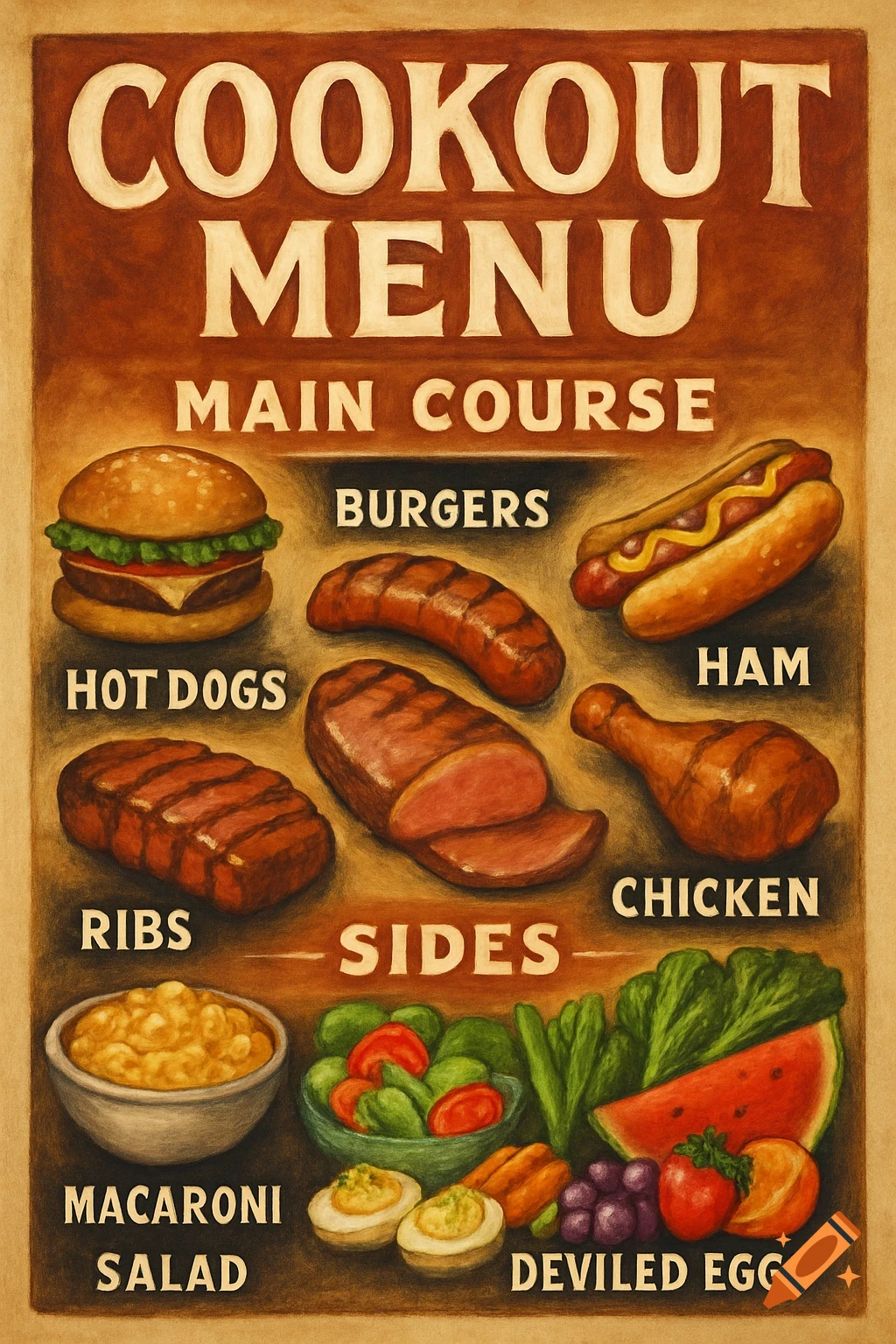 A vintage-style cookout menu poster illustrating various main course items like burgers, hot dogs, ribs, ham, and chicken, with sides including macaroni salad and deviled eggs.