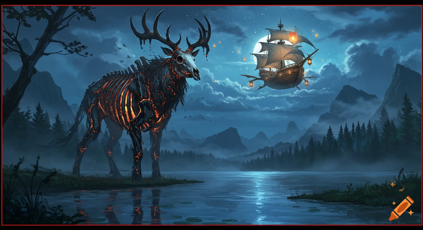 A skeletal stag with glowing molten veins stands by a moonlit lake, under a sky with a magical flying ship.