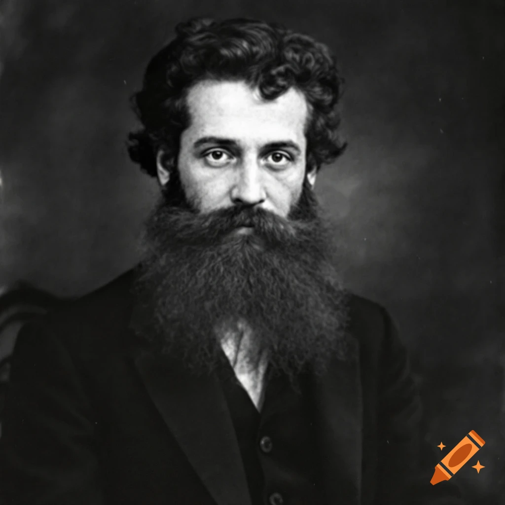 Black and white portrait of a serious young man with curly hair and a long, full beard, wearing a suit.