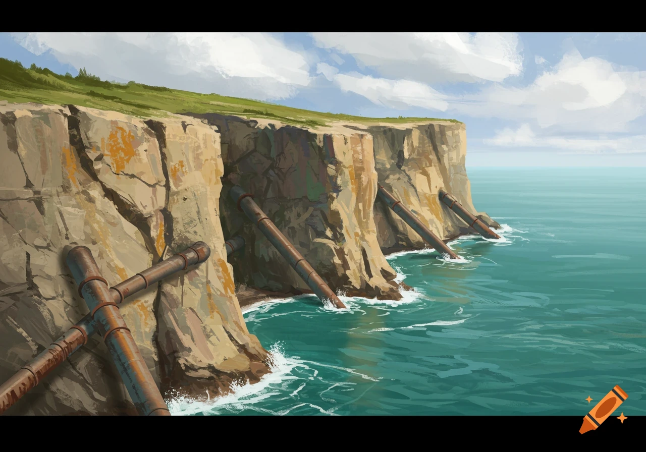 An illustrative painting of a rugged cliffside with large industrial pipes leading into the teal ocean, under a cloudy sky.