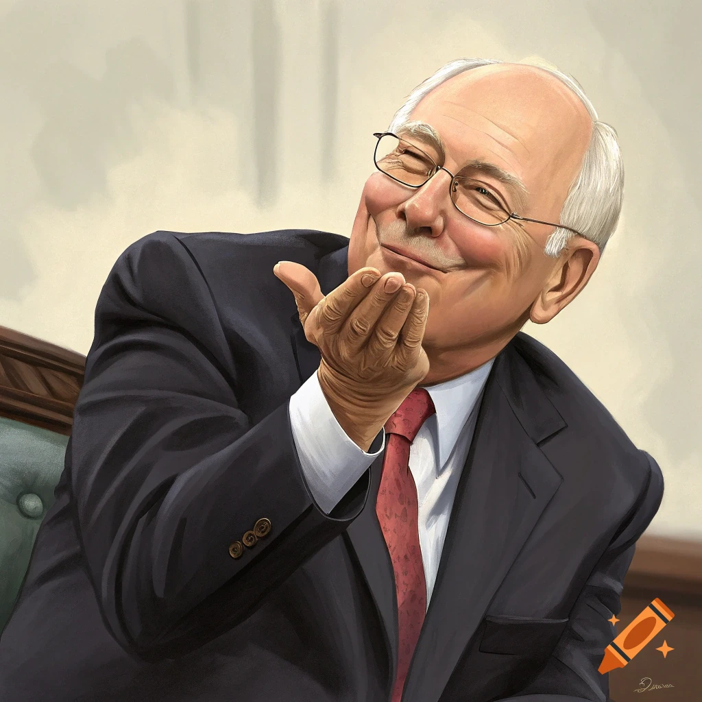 A smiling caricature of Dick Cheney in a suit and red tie, blowing a kiss with one hand.