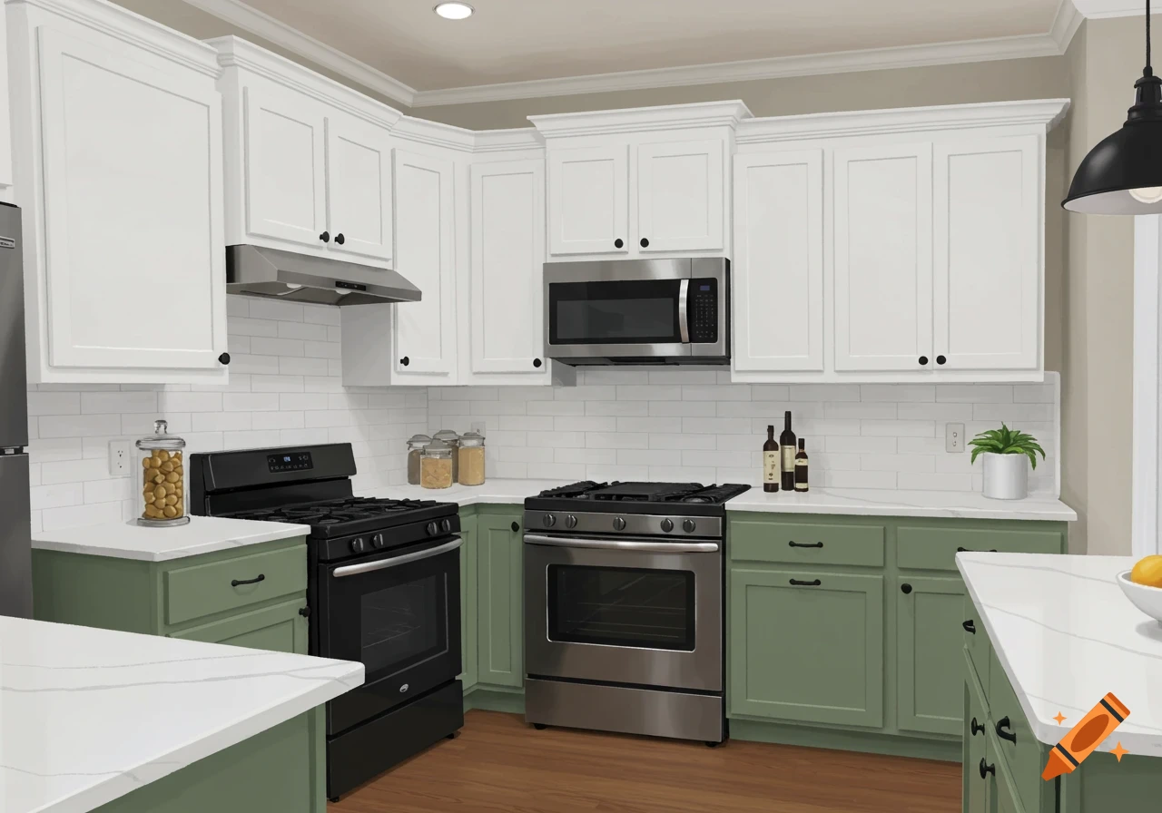 A modern kitchen with white upper and sage green lower cabinets, white quartz countertops, black appliances, and a microwave over a range.