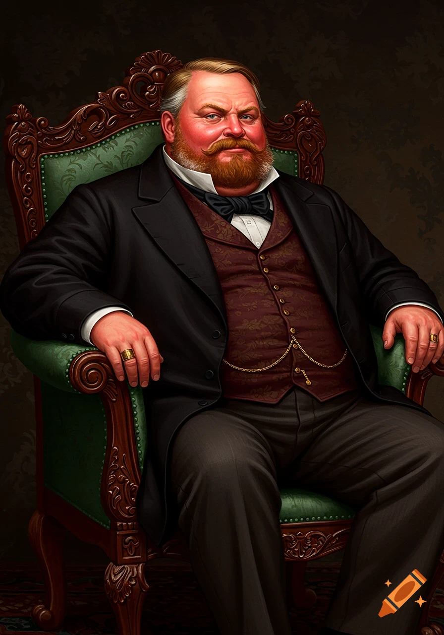 A formal portrait of a corpulent 19th-century man with a red beard and mustache, seated in an ornate green chair.