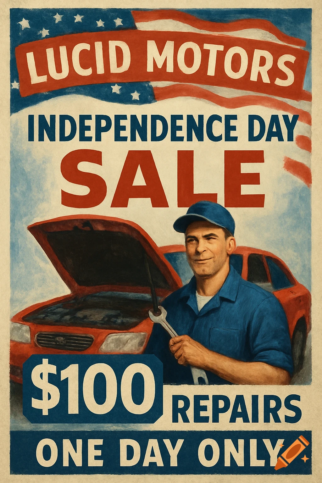 Vintage-style poster for Lucid Motors' Independence Day Sale. A mechanic stands by a red car, offering $100 repairs, one day only.