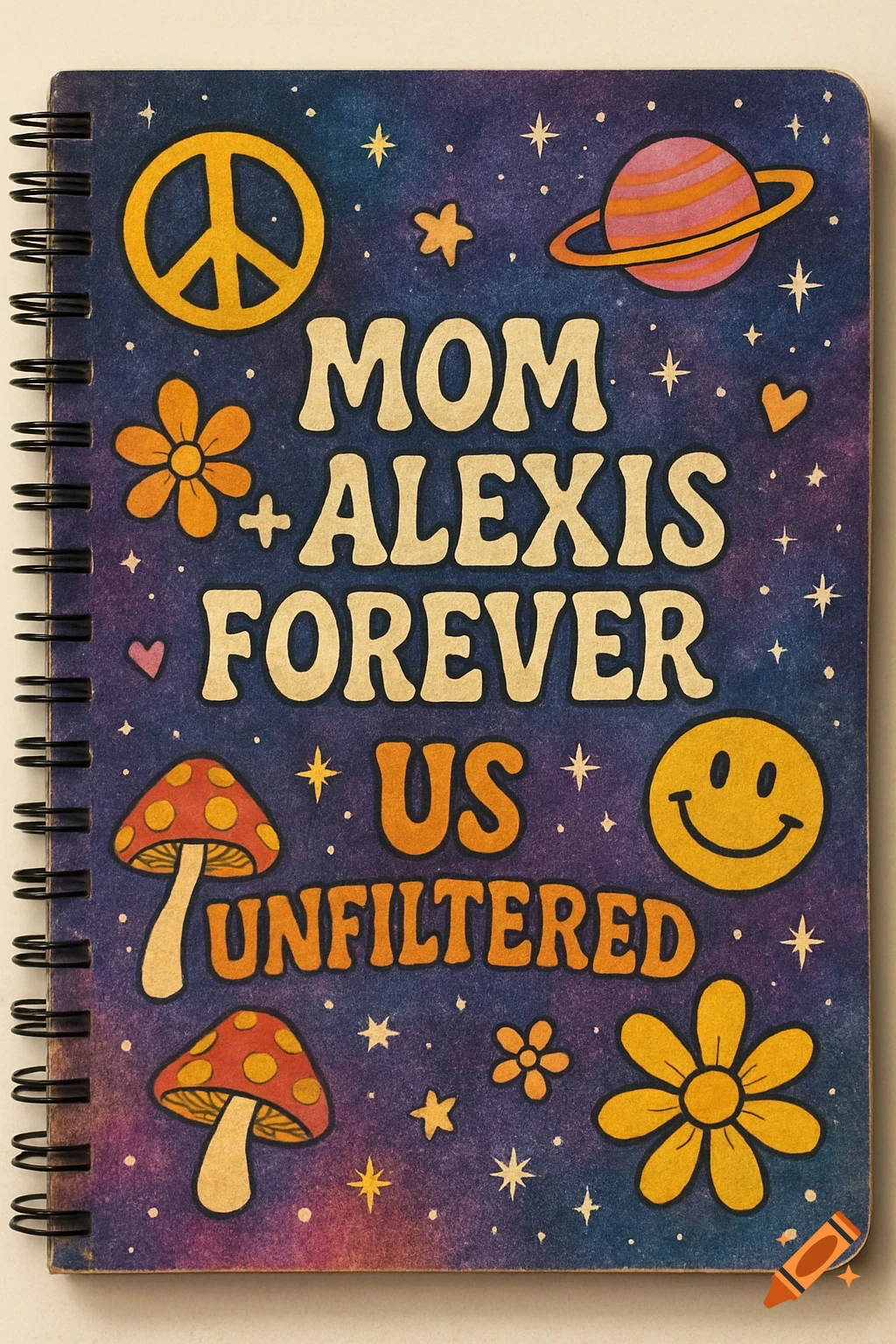 Retro, galaxy-themed notebook cover with peace signs, flowers, mushrooms, planets, stars, and the text 'Mom + Alexis Forever Us Unfiltered'.