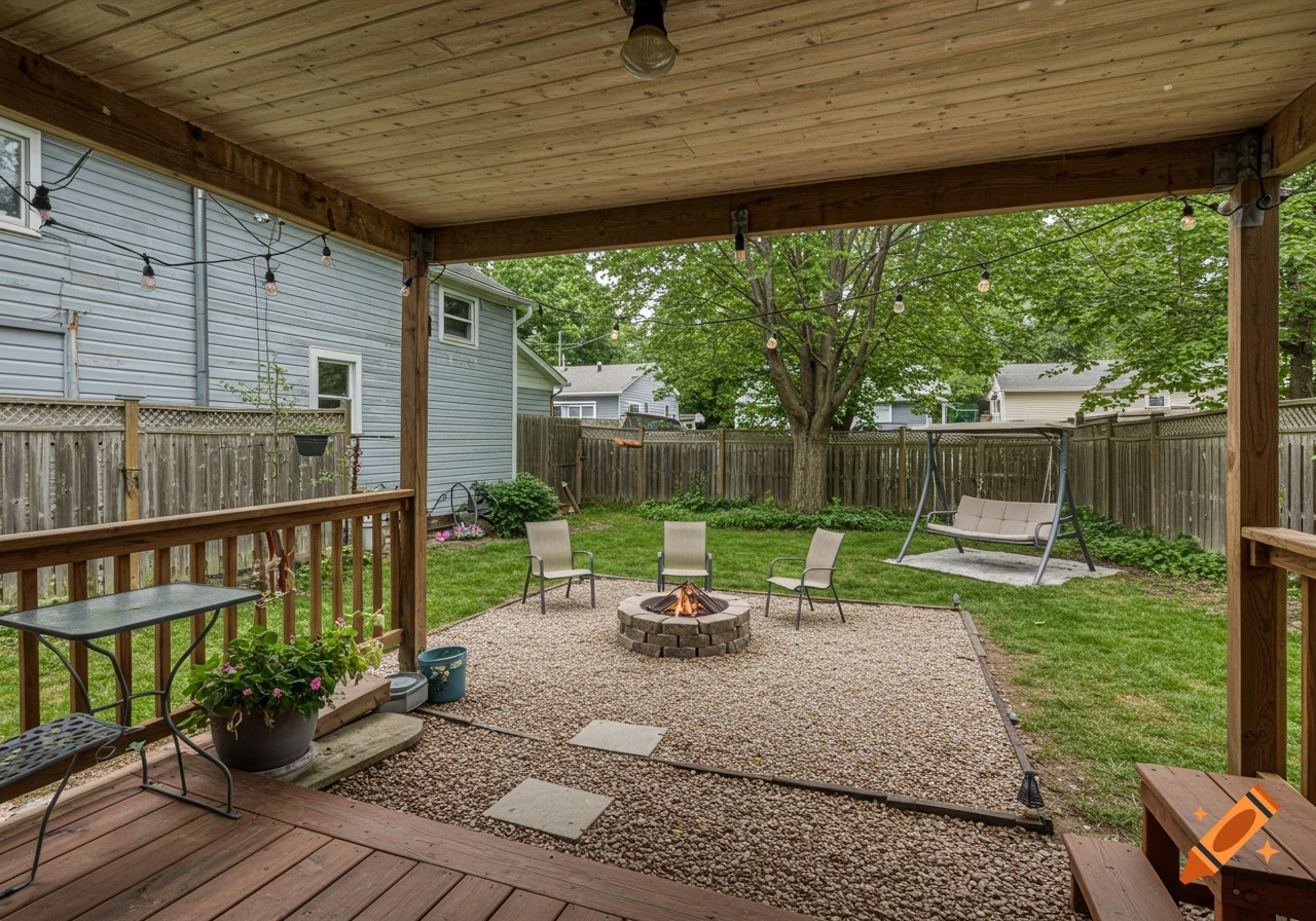 A cozy backyard features a wooden deck, a gravel patio with a fire pit and chairs, and a porch swing. Lush green grass surrounds the gravel area.