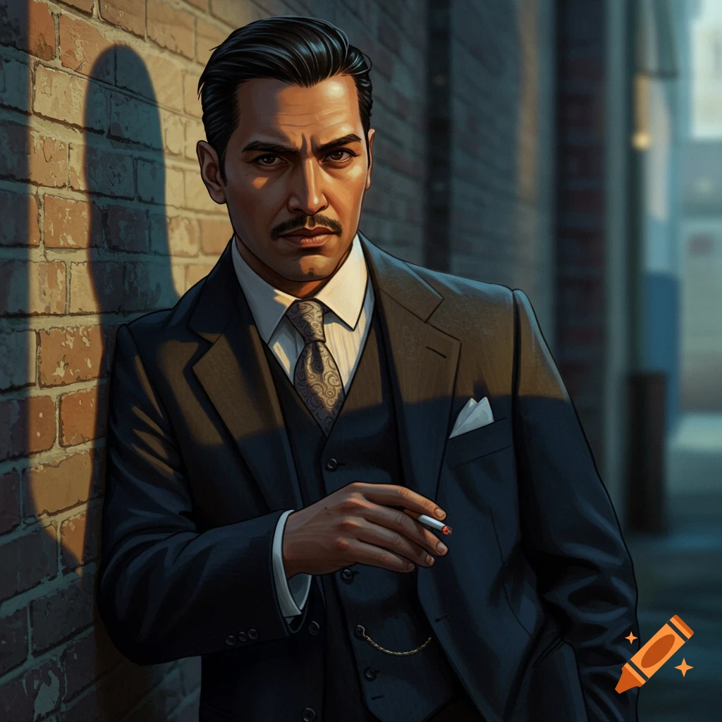 A stern man in a dark suit with a mustache leans against a brick wall, holding a cigarette in dramatic lighting.