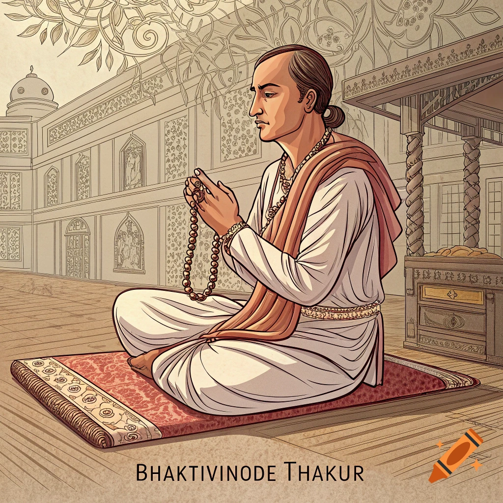 Woodblock-cut style illustration of Bhaktivinode Thakur meditating with prayer beads on a mat in an ornate building.