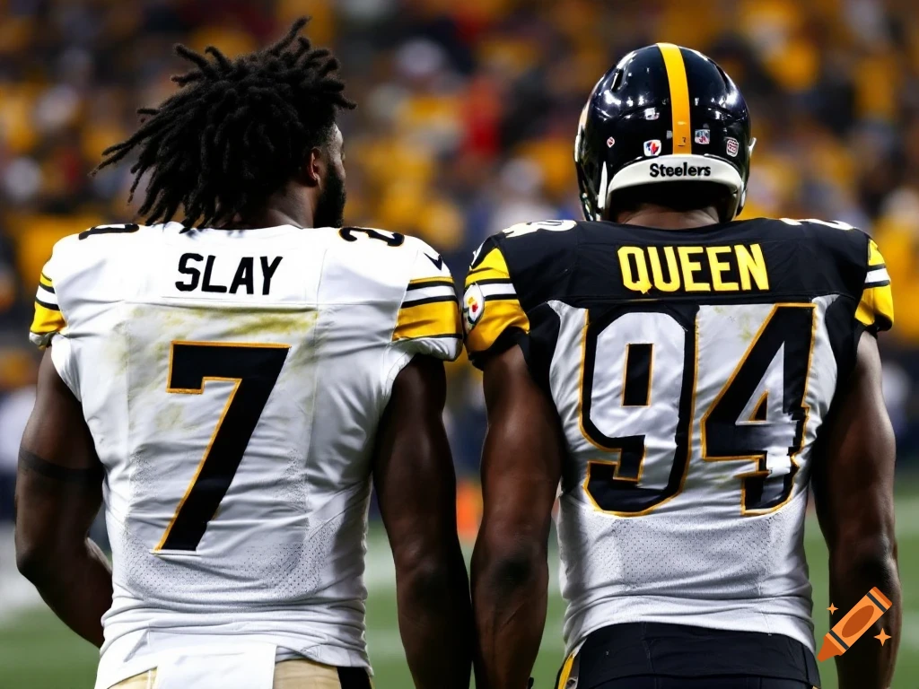 Two football players, SLAY and QUEEN, in Steelers jerseys from behind on a field.