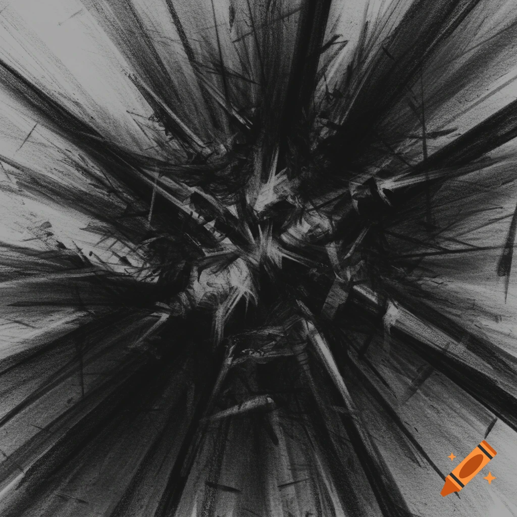 A black and gray abstract expressionistic charcoal artwork with radiating lines and sharp, chaotic forms suggesting an intrusion.